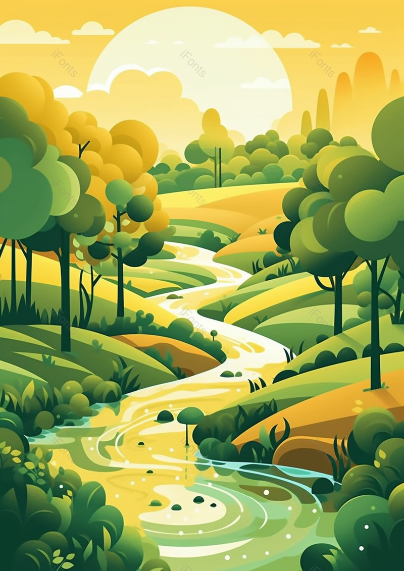 黄昏安静自然小河流淌河水穿过草地树林田园主义插画,插画/手绘图,插画/手绘图库,插画/手绘图下载,插画/手绘